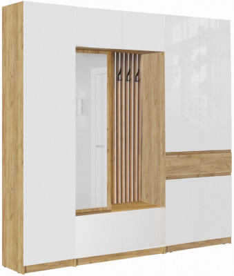 Модульная прихожая Роджина, композиция 3 (Белый глянец, Дуб Крафт Золотой)
