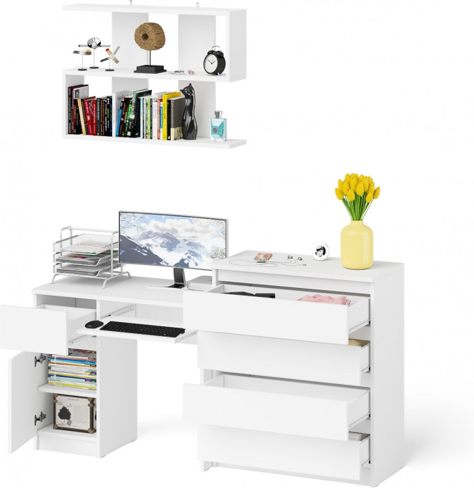 Мори Стол компьютерный МС-1 левый + Комод МК800.4 + Полка 900, цвет белый, ШхГхВ 170,4х50х209,6 см., НЕ универсальная сборка