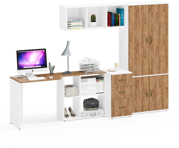 Лидер-8 Стол + Полка + Тумба МД 3.16 + Шкаф МД 20Б, белый шагрень/крафт золото