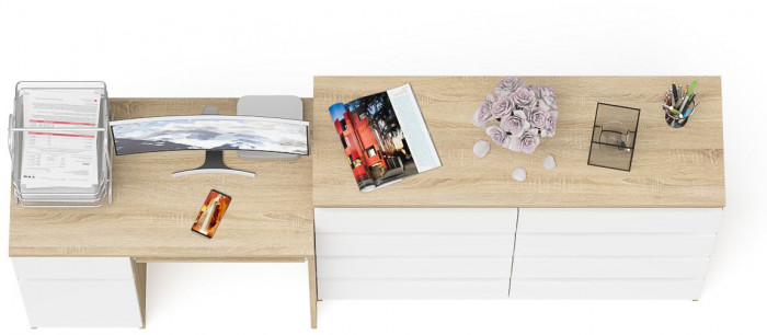 Мори компьютерный стол МС-1 левый + Комод МК1200.8, дуб сонома/белый