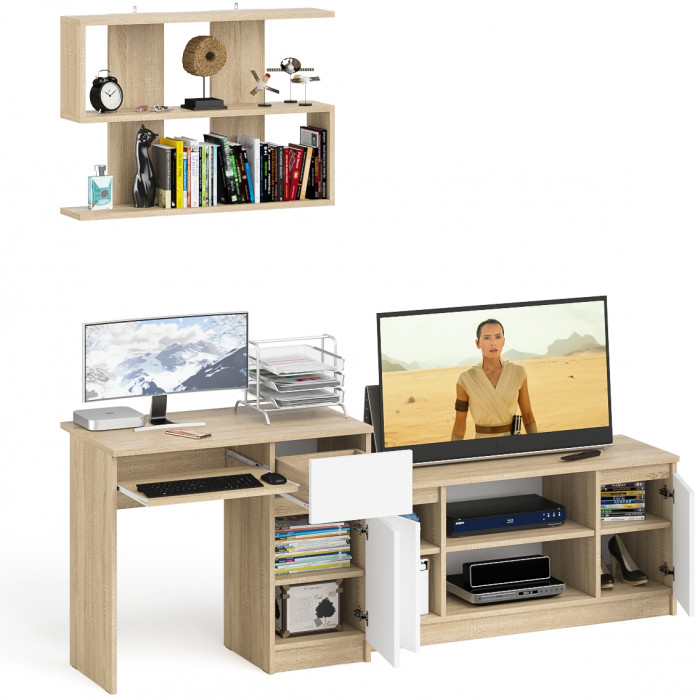 Мори компьютерный стол МС-1 правый + Тумба МТВ1200.1 + Полка 900, дуб сонома/белый