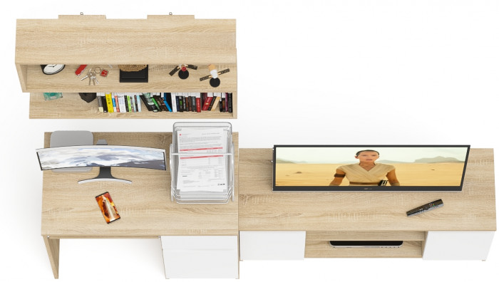 Мори компьютерный стол МС-1 правый + Тумба МТВ1200.1 + Полка 900, дуб сонома/белый