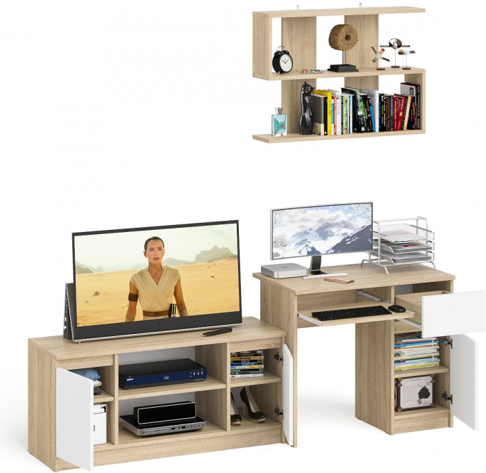 Мори компьютерный стол МС-1 правый + Тумба МТВ1200.1 + Полка 900, дуб сонома/белый