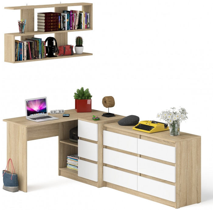 Мори компьютерный стол МС-16 правый + Комод МК1200.6 + Полка 1200, дуб сонома/белый