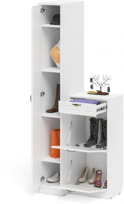 Прихожая П-6 Компоновка № 42, цвет белая шагрень/фасады МДФ белое дерево фрезеровка прованс, ШхГхВ 80х50х210 см., универсальная сборка