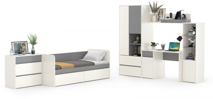 Торонто Компоновка № 27, цвет белый шагрень/стальной серый, сп. м. 800х1900 мм., б/м, основание есть, универсальная сборка