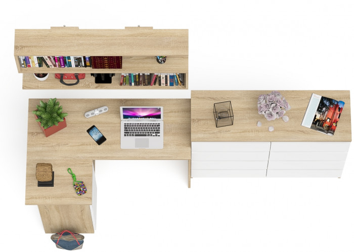 Мори компьютерный стол МС-16 левый + Комод МК1200.8 + Полка 1200, дуб сонома/белый