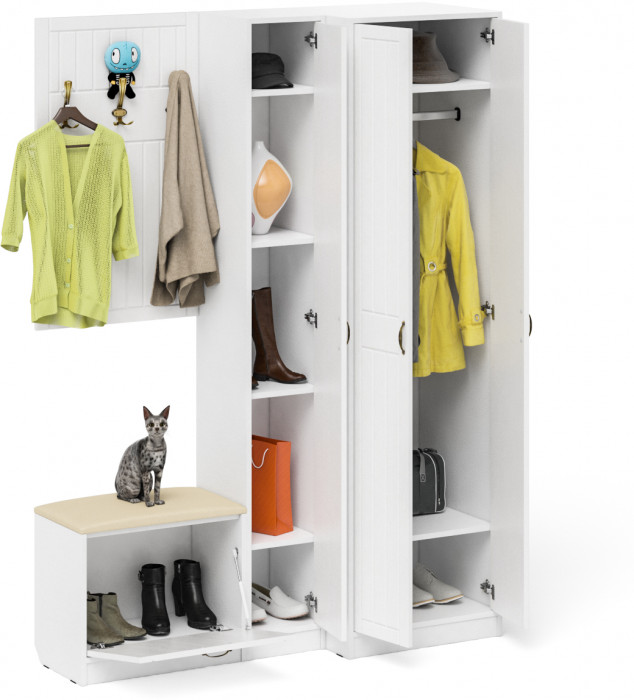 Прихожая П-6 Компоновка № 27, цвет белая шагрень/фасады МДФ белое дерево фрезеровка прованс, ШхГхВ 150х50х210 см., универсальная сборка