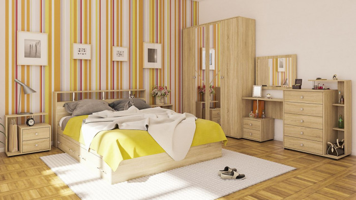 Камелия спальня № 10 Кровать с ящиками 1600 + Две тумбы + Стол косм. + Зеркало + Комод + Шкаф, цвет дуб сонома, 1600х2000 мм., б/м, осн. есть