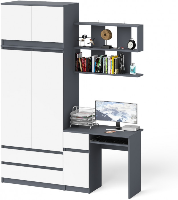 Мори Стол компьютерный МС-1 левый + Шкаф МШ900.1 + Антресоль МА900.1 + Полка 900, цвет графит/белый, ШхГхВ 180,4х50,4х234,2 см., НЕ ун. сб.