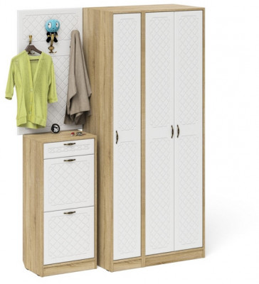 Прихожая П-6 Компоновка № 50, цвет дуб сонома/фасады МДФ белое дерево фрезеровка ромб, ШхГхВ 150х50х210 см., универсальная сборка