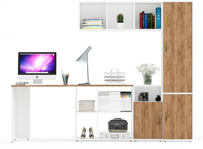 Лидер-8 Стол + Полка + Тумба МД 3.19 + Пенал МД 21Б, белый шагрень/крафт золото