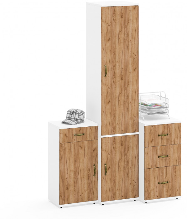 Лидер-8 Пенал МД 22Б + Тумба МД 3.15 + Тумба МД 3.16, цвет белый шагрень/крафт золото, ШхГхВ 120х50х190 см., универсальная сборка