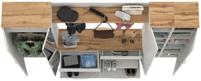 Октава Прихожая 37, цвет белый шагрень/дуб крафт золотой/фасады МДФ белый шагрень, ШхГхВ 258,6х35,4х197,6 см., универсальная сборка