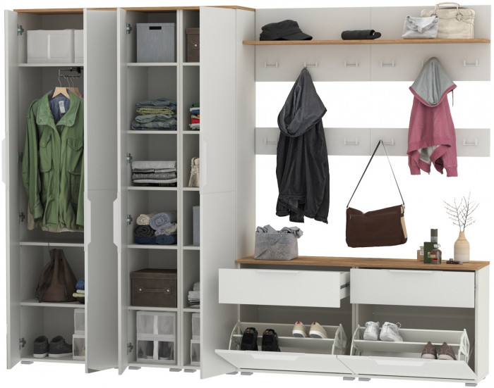 Октава Прихожая 37, цвет белый шагрень/дуб крафт золотой/фасады МДФ белый шагрень, ШхГхВ 258,6х35,4х197,6 см., универсальная сборка