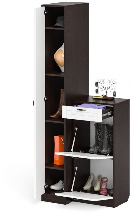 Прихожая П-6 Компоновка № 42, цвет венге/фасады МДФ белое дерево фрезеровка прованс, ШхГхВ 80х50х210 см., универсальная сборка