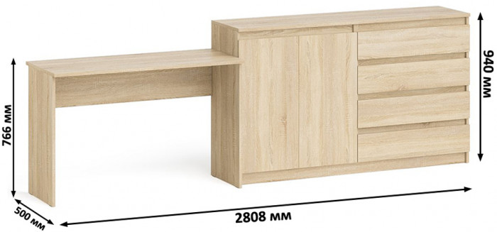 Мори Стол письменный МСП1200.1 + Комод МК1600.1, цвет дуб сонома, ШхГхВ 280,8х50х94 см., универсальная сборка