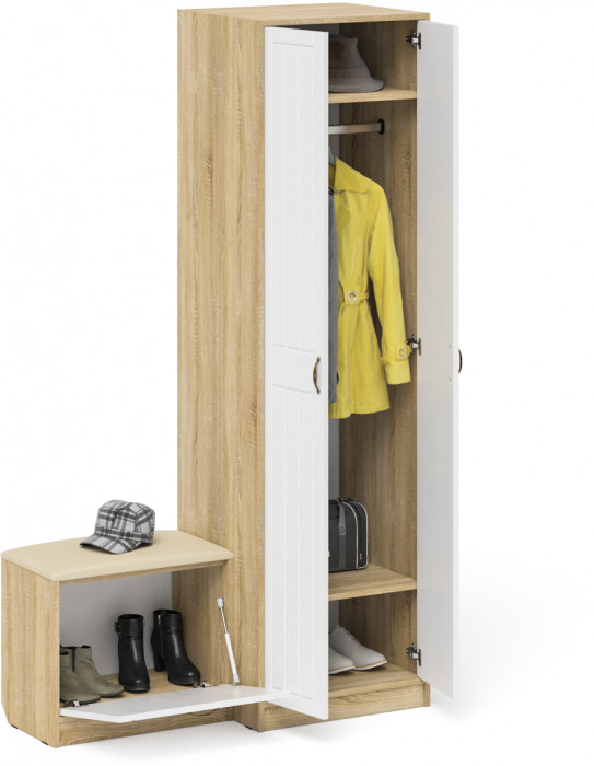 Прихожая П-6 Компоновка № 10, цвет дуб сонома/фасады МДФ белое дерево фрезеровка прованс, ШхГхВ 120х50х210 см., универсальная сборка