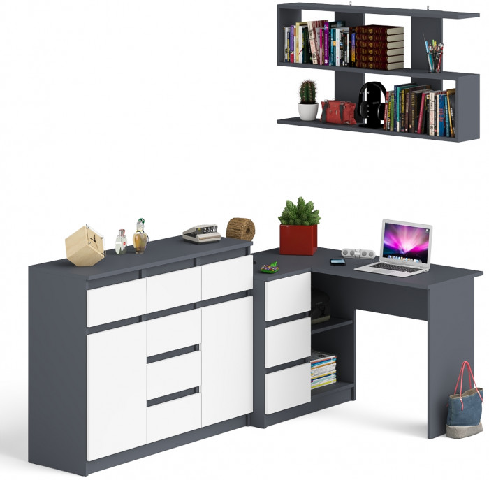 Мори компьютерный стол МС-16 левый + Комод МК1200.4 + Полка 1200, графит/белый