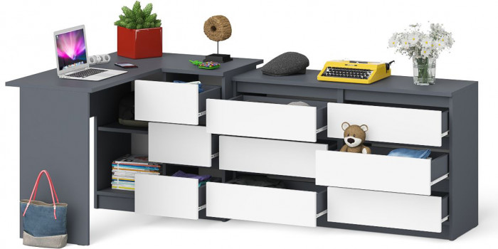 Мори компьютерный стол МС-16 правый + Комод МК1200.6, графит/белый