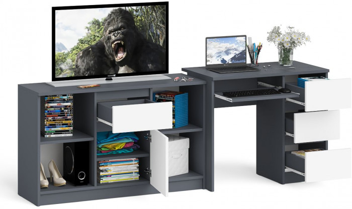 Мори компьютерный стол МС-6 правый + Тумба МТВ1204.1, графит/белый