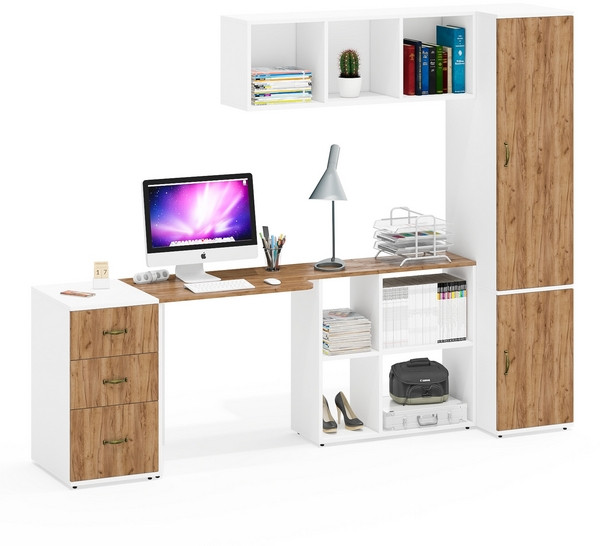 Лидер-8 Стол + Полка + Тумба МД 3.16 + Пенал МД 23Б, цвет белый шагрень/крафт золото, ШхГхВ 245х50/37,5х75/190 или 155х120/50х75/190 см., НЕ ун. сб.