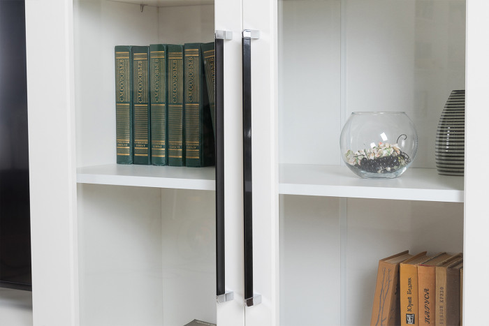 Валенсия Гостиная № 099, цвет ЛДСП белый шагрень/МДФ белый шагрень, ШхГхВ 272,3х38,4х225,2 см., ниша для ТВ 133х38х90 см., универсальная сборка