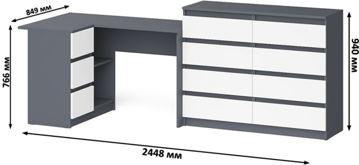 Мори компьютерный стол МС-16 левый + Комод МК1200.8, графит/белый