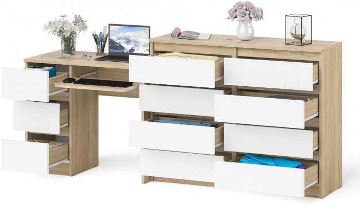 Мори Стол компьютерный МС-6 левый + Комод МК1200.8, цвет дуб сонома/белый, ШхГхВ 210,4х50х94 см., выдвижные ящики слева, НЕ универсальная сборка