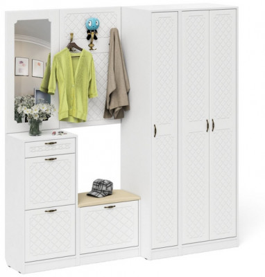 Прихожая П-6 Компоновка № 51, цвет белая шагрень/фасады МДФ белое дерево фрезеровка ромб, ШхГхВ 200х50х210 см., универсальная сборка