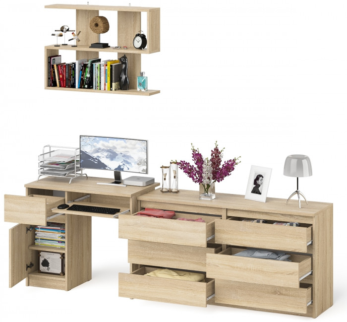 Мори компьютерный стол МС-1 левый + Комод МК1380.6 + Полка 900, дуб сонома