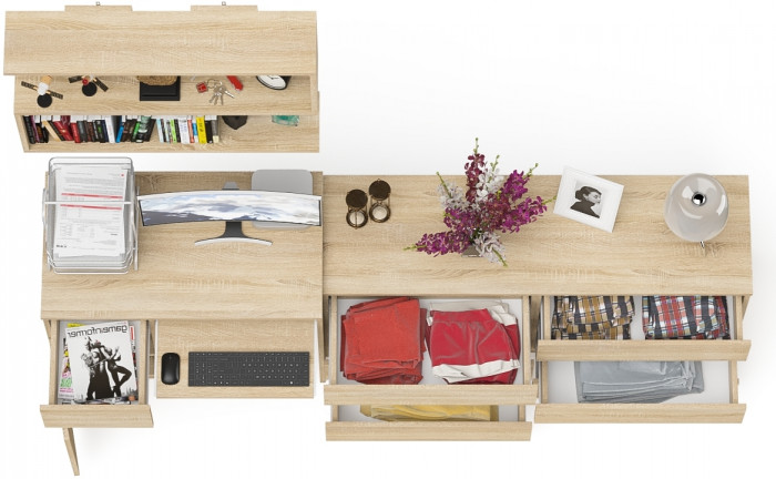 Мори компьютерный стол МС-1 левый + Комод МК1380.6 + Полка 900, дуб сонома