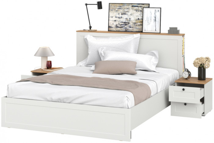 Остин 11.53 Кровать + ортопед + 16.152 Тумба 2 шт., белый шагрень/дуб крафт золотой