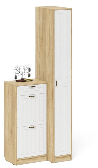 Прихожая П-6 Компоновка № 42, цвет дуб сонома/фасады МДФ белое дерево фрезеровка прованс, ШхГхВ 80х50х210 см., универсальная сборка