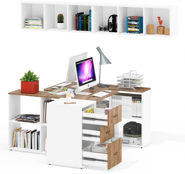 Лидер-8 Стол + Полка + Стол + Полка + Тумба МД 3.16, белый шагрень/крафт золото