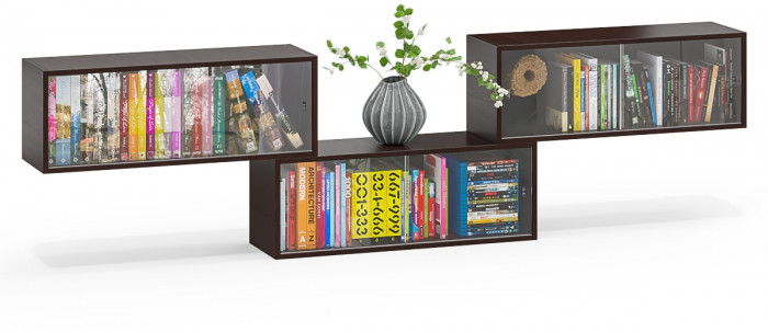Три полки книжных С-МД-КН01, цвет венге, ШхГхВ размер каждой полки в отдельности: 83х25х30 см., стеклянные дверцы