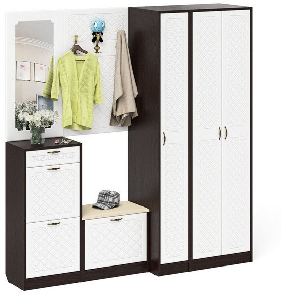 Прихожая П-6 Компоновка № 51, венге/фасады МДФ белое дерево фрезеровка ромб