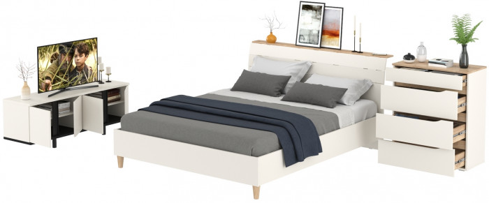 Муссон Кровать 11.41 + ортопед + Комод 13.97 + Тумба ТВ 13.276, цвет белый/чёрный/дуб эндгрейн элегантный, сп. м. 1600х2000 мм., б/м