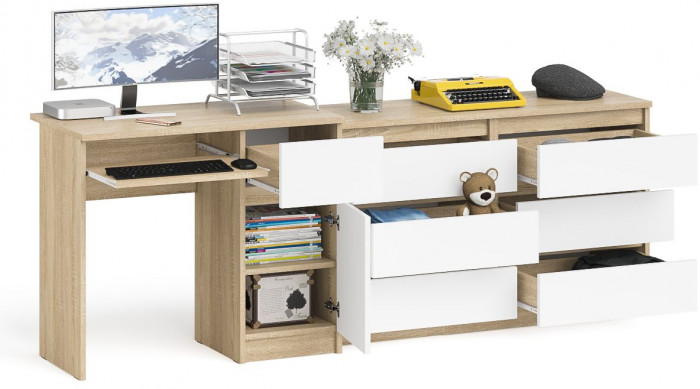 Мори компьютерный стол МС-1 правый + Комод МК1200.6, дуб сонома/белый