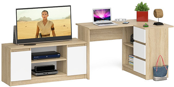 Мори компьютерный стол МС-16 правый + Тумба МТВ1200.1, дуб сонома/белый