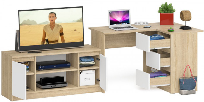 Мори компьютерный стол МС-16 правый + Тумба МТВ1200.1, дуб сонома/белый