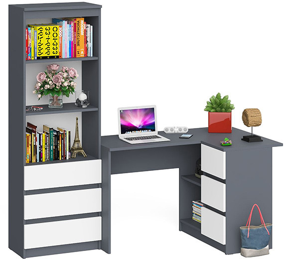 Мори Стол компьютерный МС-16 правый + Стеллаж МСТ600.3, цвет графит/белый, ШхГхВ 184,8х84,9х179,6 см., выдвижные ящики справа, НЕ универсальная сборка