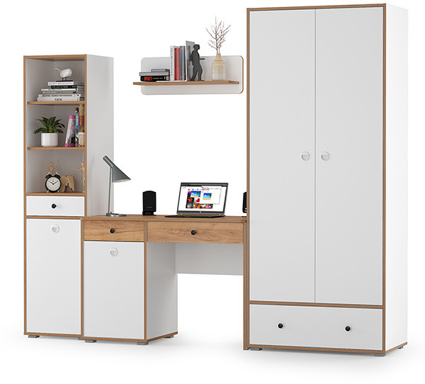 Вуди Компоновка № 22, цвет белый премиум/дуб крафт золотой, ШхГхВ 241х52,7х205 см., универсальная сборка