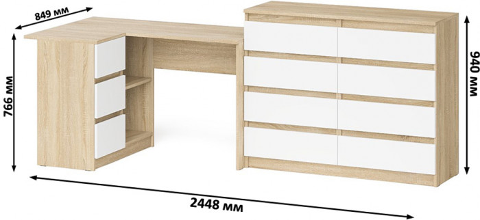 Мори компьютерный стол МС-16 левый + Комод МК1200.8, дуб сонома/белый