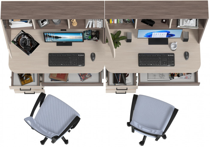 Два стола рабочих 6-0606 Сигма + два кресла 103 серых, цвет бодега тёмный/бодега светлый, ШхГхВ 241х60,5х166 см., НЕ универсальная сборка