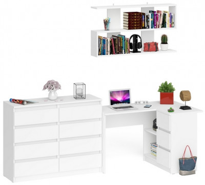 Мори компьютерный стол МС-16 правый + Комод МК1200.8 + Полка 1200, белый