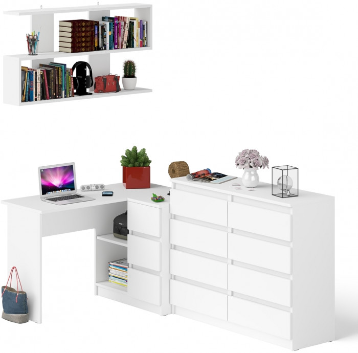 Мори компьютерный стол МС-16 правый + Комод МК1200.8 + Полка 1200, белый