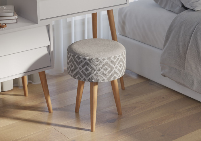 Банкетка 6-5132ТКсерая Юна, цвет ткань серая с рисунком, ШхГхВ 33х33х45 см.(круглая банкетка на трёх ножках), цвет ножек: тик
