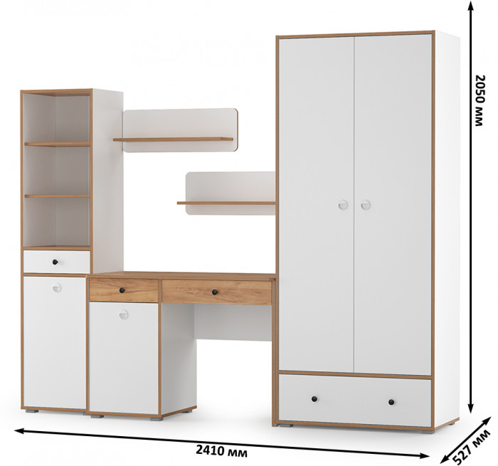 Вуди Компоновка № 23, цвет белый премиум/дуб крафт золотой, ШхГхВ 241х52,7х205 см., универсальная сборка