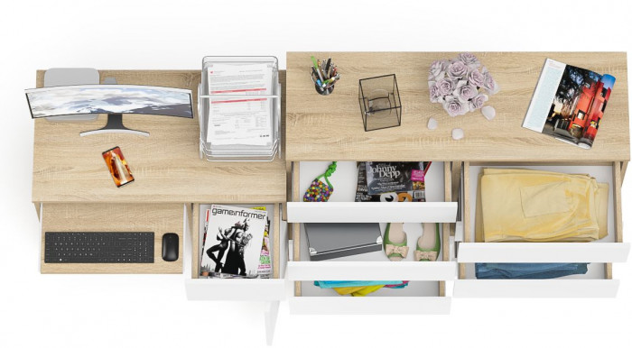 Мори компьютерный стол МС-1 правый + Комод МК1200.8, дуб сонома/белый